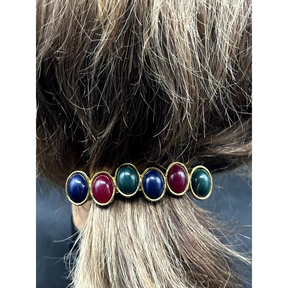 Vintage Gold Tone Blue Green , Red Cabachon Style Barrett Length 3.75 Inches